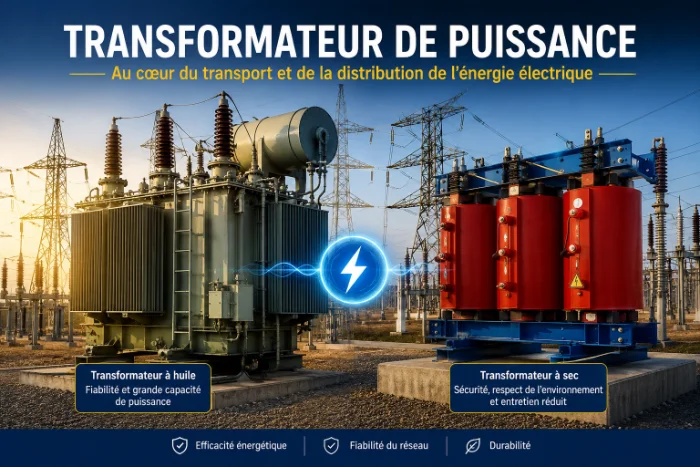 Définition et rôle dans les réseaux électriques Un transformateur de puissance est un appareil statique qui modifie la tension du courant alternatif sans changer sa fréquence. La Commission Électrotechnique Internationale le définit précisément comme un dispositif à deux enroulements ou plus, fonctionnant par induction électromagnétique. Son rôle dans les réseaux électriques repose sur deux fonctions complémentaires : Élever la tension en sortie de centrale (jusqu'à 400 000 V) pour limiter les pertes par effet Joule sur les lignes de transport longue distance Abaisser la tension dans les sous-stations pour distribuer l'énergie électrique en toute sécurité aux usagers finaux Car sans cette adaptation, transporter l'électricité sur plusieurs centaines de kilomètres deviendrait économiquement irréaliste. Selon RTE, les pertes en ligne représentent encore 2 à 3,5 % de l'électricité acheminée en France malgré ces équipements. Comment fonctionne un transformateur de puissance ? Induction électromagnétique et rapport de transformation Tout part de la loi de Faraday, découverte en 1831. Un courant alternatif traverse l'enroulement primaire. Ce courant crée un flux magnétique variable dans le noyau de fer. Ce flux atteint ensuite l'enroulement secondaire. Par conséquent, une force électromotrice s'y induit automatiquement. Aucune pièce mobile n'intervient dans ce transfert d'énergie. C'est le rapport de transformation N1/N2 qui fixe la tension obtenue. Par exemple, un primaire de 460 spires sous 230 V et un secondaire de 24 spires délivrent 12 V en sortie. Grâce à ce ratio, le transformateur devient élévateur ou abaisseur selon les besoins du réseau. Tension, courant et conservation de puissance Quand la tension monte au secondaire, le courant descend dans la même proportion. C'est la loi de conservation de puissance : U1 × I1 = U2 × I2. Par exemple, un transformateur à haut rendement qui double la tension divise le courant par deux. La puissance apparente reste donc identique des deux côtés. Or, cette relation inverse produit un avantage décisif pour le transport longue distance. En raison de la formule P = R × I², réduire le courant d'un facteur 10 divise les pertes Joule par 100. De ce fait, élever la tension à 400 000 V rend la transmission efficace sur des centaines de kilomètres. Le transformateur de puissance ne crée pas d'énergie : il la redistribue intelligemment. Quels sont les types de transformateurs de puissance ? Triphasé, monophasé et transformateur élévateur Le transformateur monophasé gère une seule phase. Il convient aux usages domestiques jusqu'à 12 kVA, comme l'éclairage ou l'électroménager. Le triphasé, en revanche, exploite trois phases décalées de 120°. Grâce à cette conception, il transporte des puissances bien supérieures à 18 kVA. Les installations industrielles françaises fonctionnent ainsi en triphasé 400 V. Par exemple, remplacer trois transformateurs monophasés de 100 kVA par une unité triphasée de 300 kVA réduit les pertes dans le noyau de 22 %. Le triphasé utilise aussi moins de matériaux conducteurs pour délivrer la même puissance. Le transformateur élévateur augmente la tension au secondaire. Car un secondaire avec plus de spires que le primaire produit une tension de sortie plus haute. Cette élévation réduit le courant, limitant directement les pertes sur les lignes longue distance. Transformateur à sec et transformateur à huile